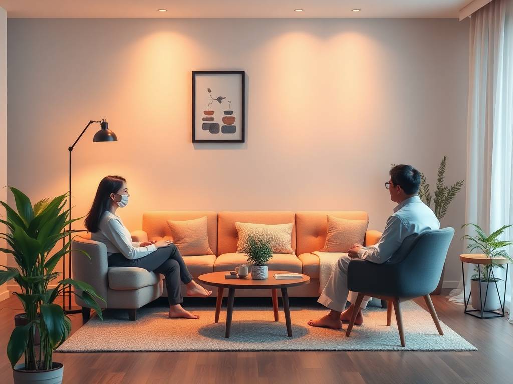 [Ruang terapi psikologi yang tenang di Lidan Psikologi dengan sofa nyaman, pencahayaan hangat, dan psikolog klinis sedang melakukan sesi konseling dengan pasien dewasa]