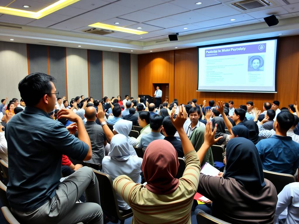 [Ruang seminar besar Lidan Psikologi dengan peserta yang antusias, psikolog sebagai pembicara di podium, layar presentasi menampilkan materi psikologi, dan suasana pembelajaran yang interaktif]