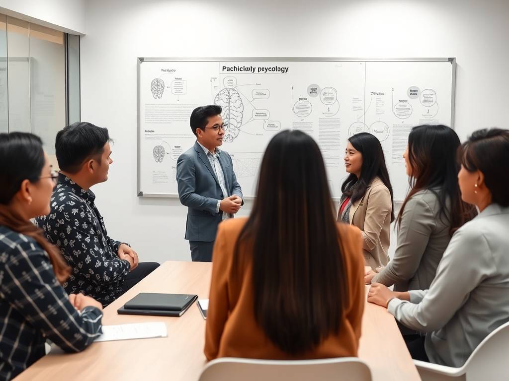 [Tim psikolog multidisiplin Lidan Psikologi sedang berdiskusi di ruang meeting modern dengan whiteboard berisi diagram psikologi, menampilkan keragaman keahlian dan kolaborasi profesional]